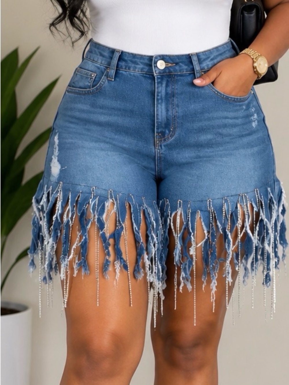 Fringed Denim Jean Shorts in Blue Like New